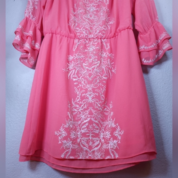 White House Black Market Gold Metallic Embroidered Coral Boho Off Shoulder Dress - Picture 6 of 9